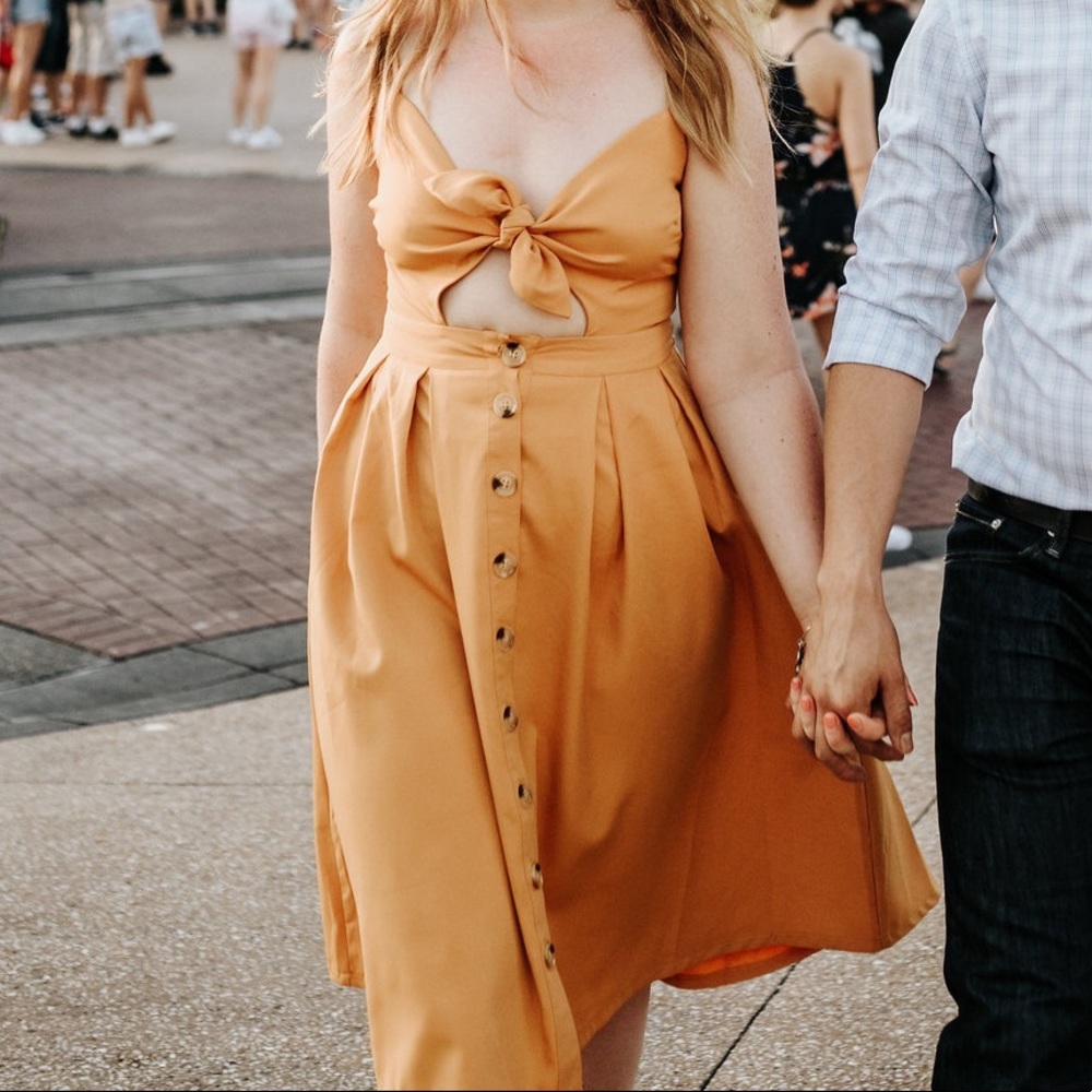Golden Yellow Midi Button Up Dress with Front Tie